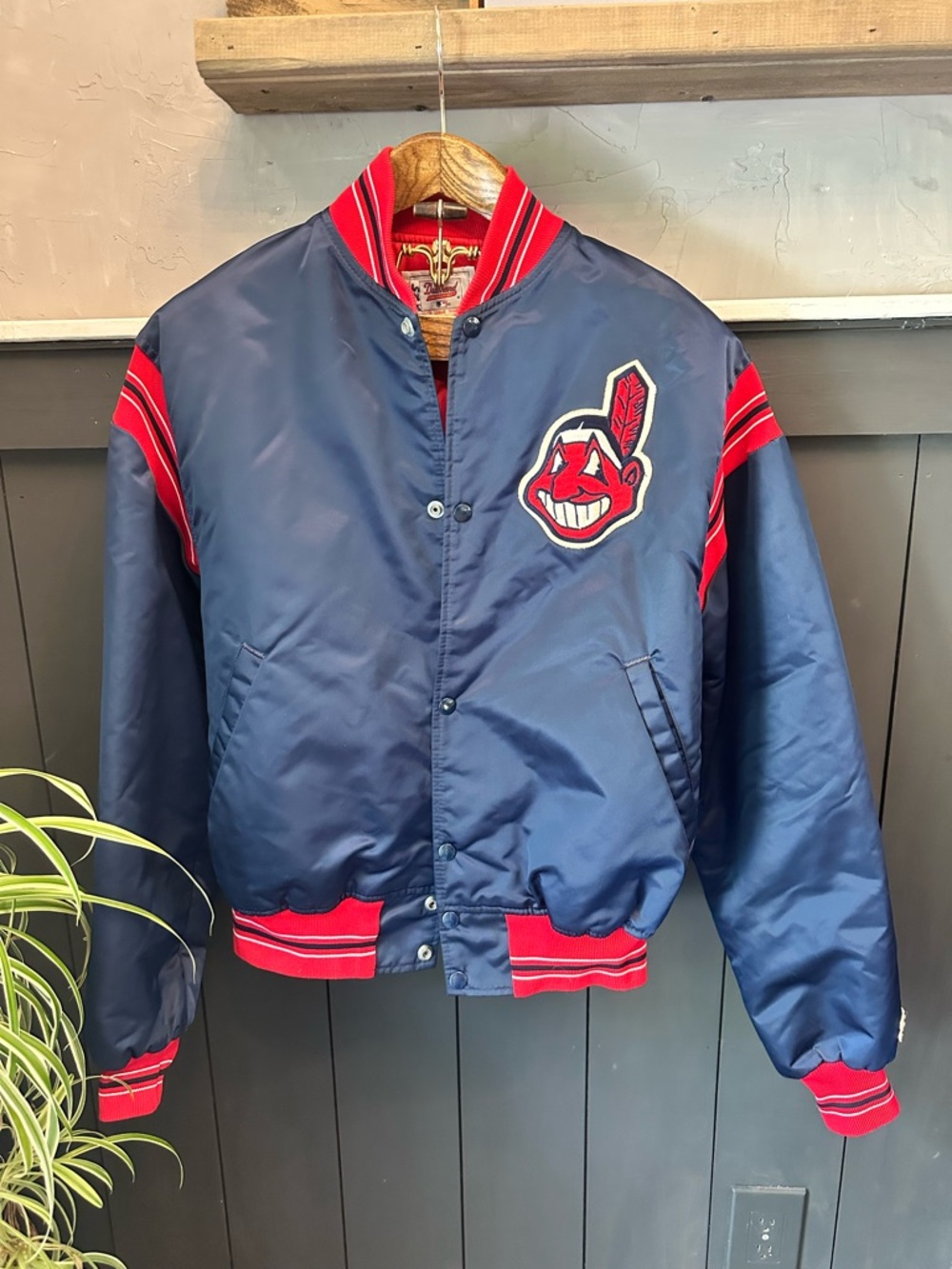 Vintage 1989 Cleveland Indians Satin Jacket Men’s Large Blue Full Snap Starter L
